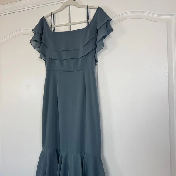 NWT Wayf Lauren Off the Shoulder Maxi Dress Granite Blue Ruffle Gown Size Small - Picture 5 of 12